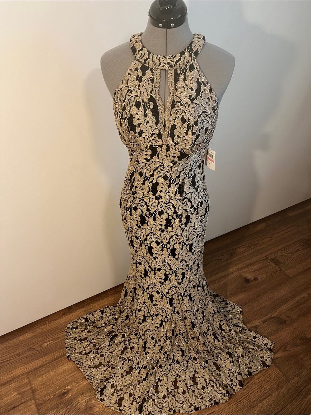 Night Way Collections Black and Gold Lace Halter Gown